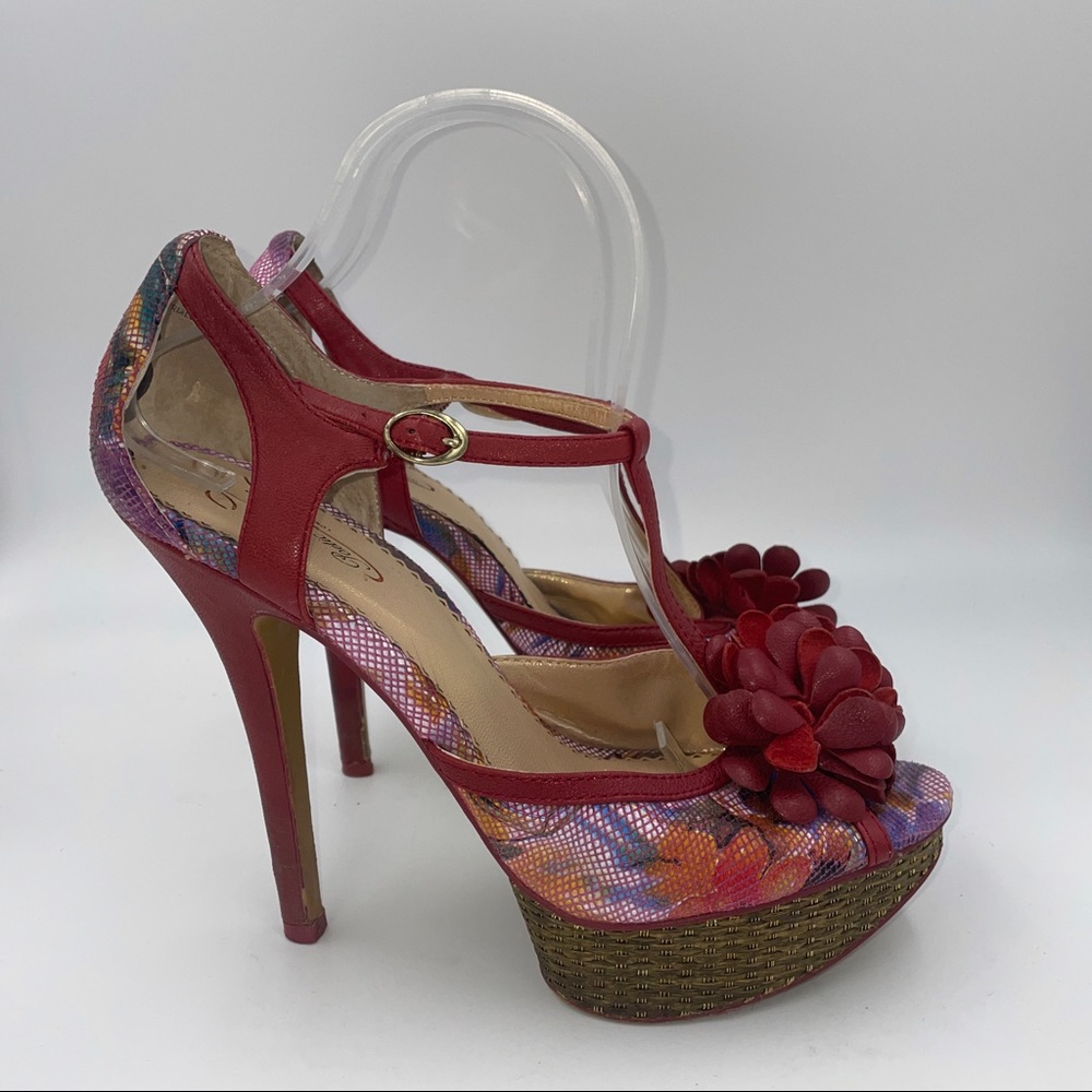 Poetic License platform floral 3D rosette petals strappy heels sandals